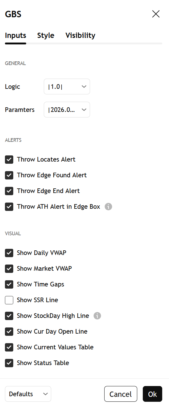 TradingView settings popup showing GBS alert controls and visual options.